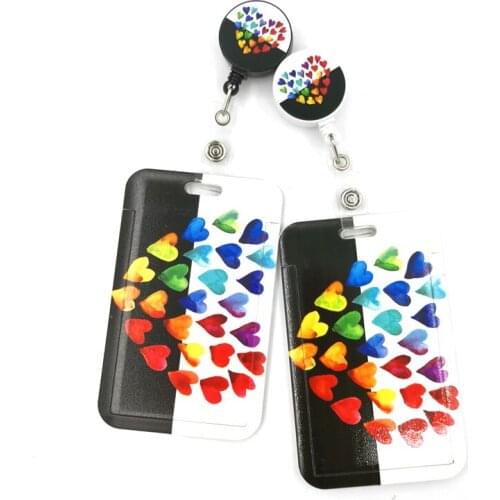 Colorful rainbow love hearts Cute Card Cover Clip Lanyard Retractable Student Nurse Badge Reel Clip Cartoon ID Card Badge Holder