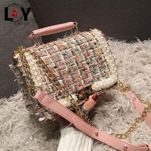 LHXCY Crossbody Bags For Women 2020 Luxury Handbags Ladies Woolen Cloth Retro Pearl Purse Autumn And Winter Womens Shoulder Bag