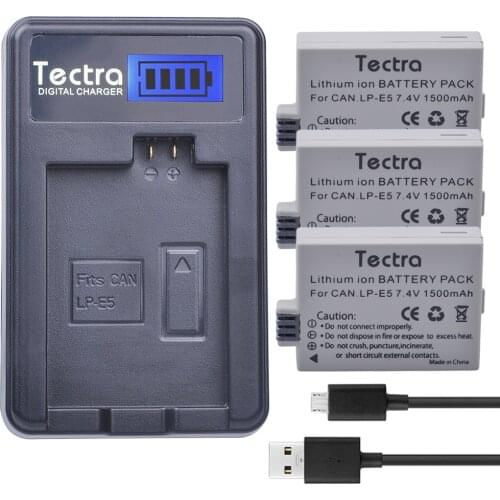 Tectra 3PCS LP-E5 LPE5 1500mAh Li-ion Battery+LCD USB Charger for Canon EOS Rebel XS Rebel T1i Rebel XSi 1000D 500D 450D Kiss X3