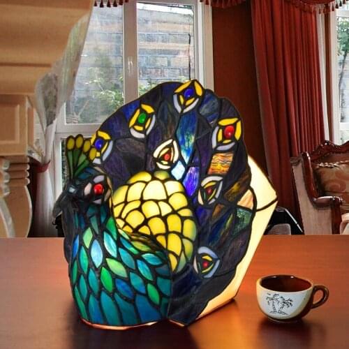 European Tiffany color glass peacock desk lamp hotel bar restaurant clubhouse bedside night light
