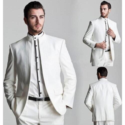 New Style White Groom Tuxedos Mandarin Lapel Groomsmen Men Wedding groom wear Suit/custom suit(Jacket+Pants