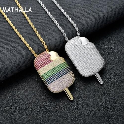 MATHALLA Iced Out Ice Cream Pendant Necklace Bling Micro Paved Multicolor Cubic Zircon Chain Hip Hop Rock Jewelry For Gift