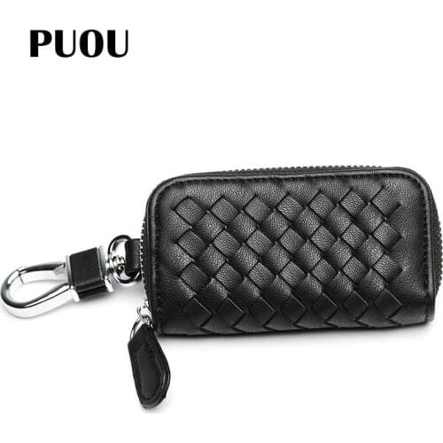 PUOU 2020 Mini Weave Card Bag PU Leather Car Key Wallets Zipper Keys Case Bag Men Women Card Money Holder Keychain Cover Pouch