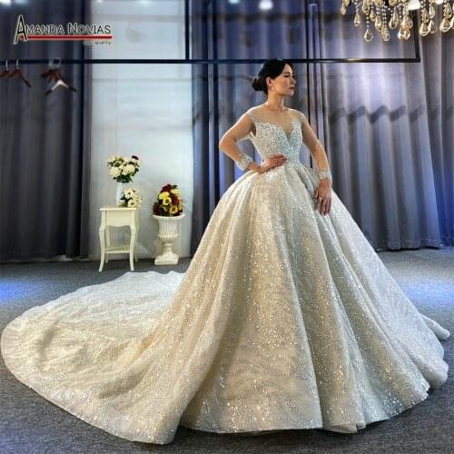Long sleeves pearls wedding dress 2021 amanda novias collection bride dress
