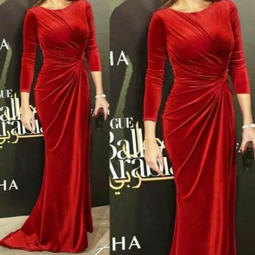 Vintage Long Red Velvet Mermaid Celebrity Dresses with Sleeves Zipper Back Floor Length Pleated Formal Party Dresses