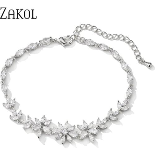 ZAKOL New Luxury Water Drop Flowers AAA Cubic Zirconia Bracelets for Women Elegant Wedding Bridal Bracelet Jewellery BP5023