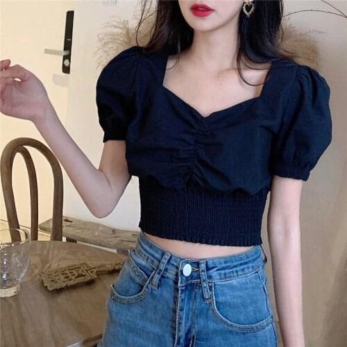 Womens Blouse Korean Styles Vintage Quare Neck Puff Sleeve Shirt Women Summer New Short Shirt Top Harajuku Clothing Dropshippin