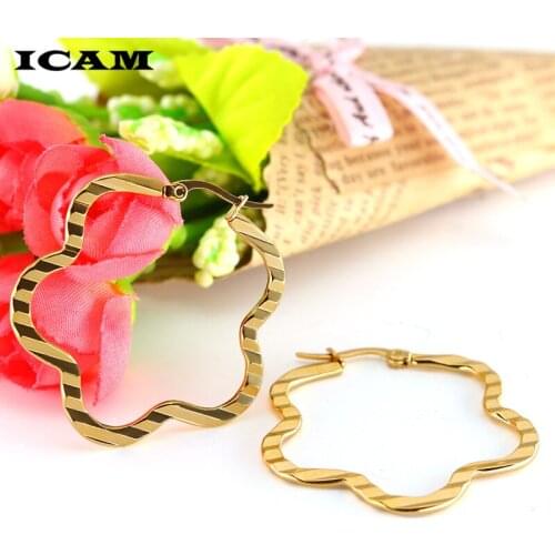 ICAM Fashion Punk Women Girl Wedding Jewelry Gold-color Big Flower Loop Hoop Earring Stainless Steel Wedding Hoop Earrings