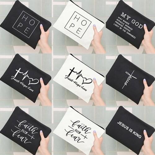 Jesus My God Hope Faith Print Women Canvas Cosmetic Case Lipstick Makeup Travel Bag Zipper Pouch Pencil Bags Christian Purse