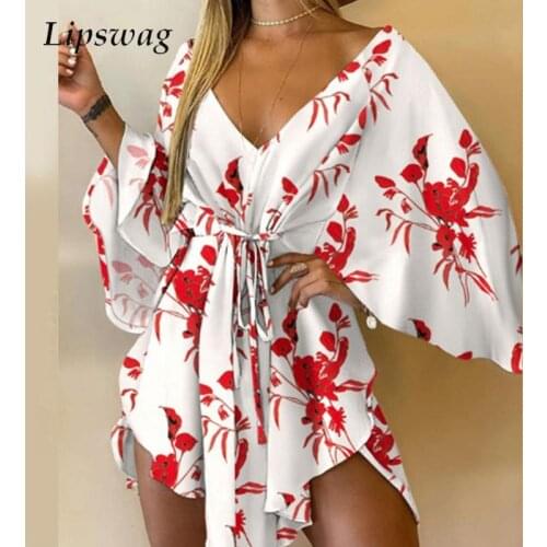 Sexy V-Neck Women Mini Dress Casual Leaf Leopard Print Harajuku Batwing Sleeve Dress Lady Elegant Lace-Up Irregular Party Dress
