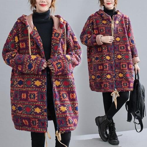 Women Coat Cotton Clothes Plus Size Winter New Lady Lambswool Jacket Christmas Pattern Print Parka Warm Outerwear Mujer Chaqueta