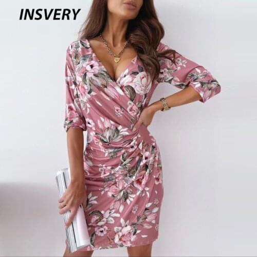 Women Floral Print Dress 2021 V Neck Slim Sexy Party Dress Women Tree Quarter Sleeve Spring Summer Women Elegant Dress Boho