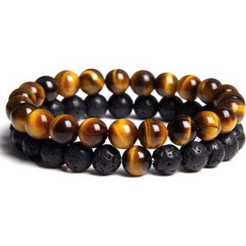 2pcs Men Bracelet Natural Stone Tiger Eye Beads Energy Bracelet Lava Volcanic Stone Beaded Charm Prayer Bracelet Jewelry Unisex