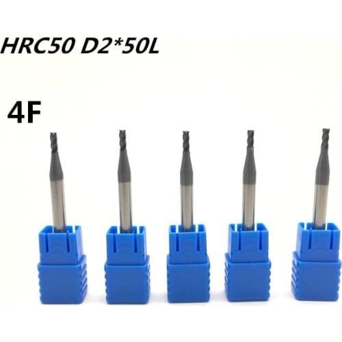 5PCS 4F-D2*50L HRC50 material Carbide Square Flatted End Mill 4 flute mill diameter 2mm Highspeed milling machine Milling Cutter