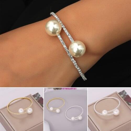 Single Rows Pearl Bracelet Full Rhinestone Inlaid Open Cuff Adjustable Stretch Bracelet for Best Friends Sisters LXH