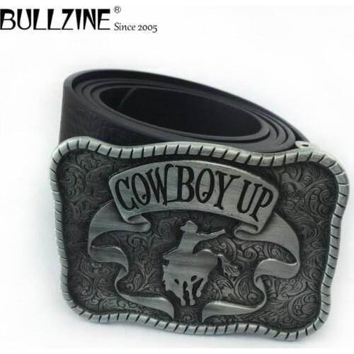 Bullzine retro western western cowboy up belt buckle pewter finish with PU belt with connecting clasp FP-02961 drop shipping