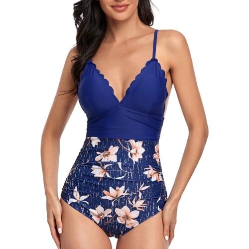 Floral Womens High Waisted Swimsuit One Piece Scallop Sexy Deep V Neck Monokini Bathing Suit Open Backless Bodysuit Swimwear