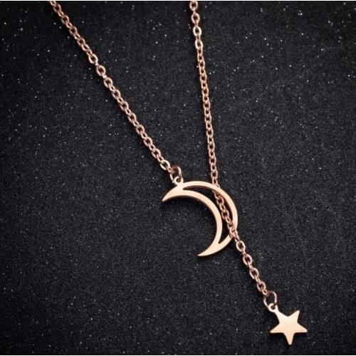 Hfarich Classical Stainless Steel Long Pendant Necklace Cute Moon Star Golden Necklaces for Women halloween Jewellery Gifts