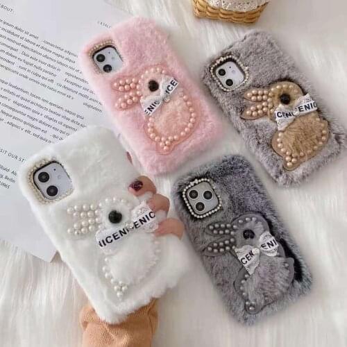 For Samsung Galaxy A32 A42 A52 A72 5G A51 A71 A91 A81 A01 A31 A21S A10E Diamond Lens Warm Furry Pearl Lace Rabbit Phone Case