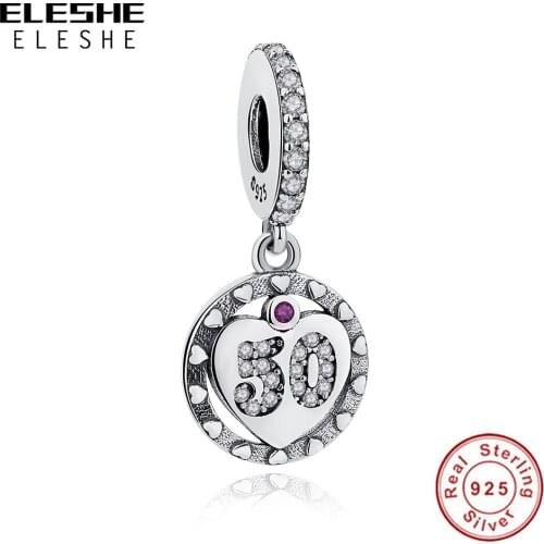 ELESHE Wholesale Crystal CZ 50 Years Old Round Dangle Charm 925 Sterling Silver Age Bead Fit Original Bracelets for Women