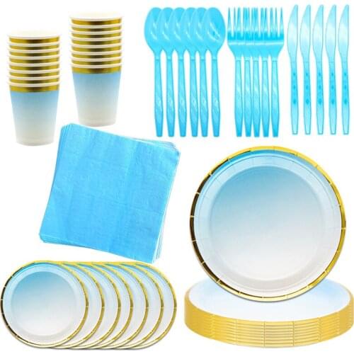 Blue Theme Party Supplies Paper Plates Cups Kids Birthday Knife Forks Spoons Wedding Baby Shower Party Disposable Tableware Set