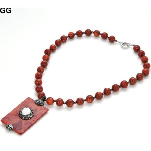 GuaiGuai Jewelry 12mm Red Spongy Coral round Necklace Rectangle Spongy Coral and White Coin Pearl Pendant Necklace 20"