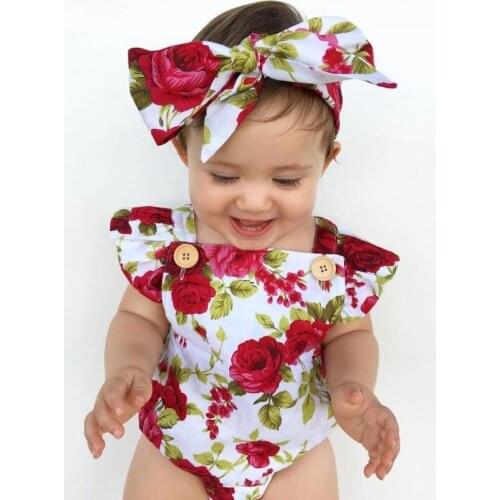 Newborn Baby Girl Clothes Flower Jumpsuit Infant Romper + Headband Outfits Tiny Cotton