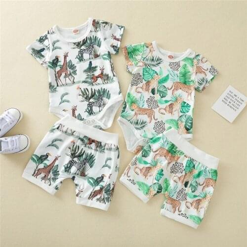 Baby Boys Two-piece Clothes Set, White Round Collar Short Sleeve Romper and Shorts