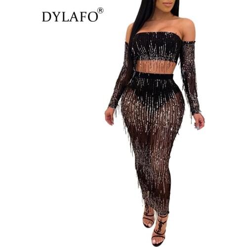 Sequined Tassel Sheer Two Piece Set Strapless Off Shoulder Full Sleeve Crop Top+Bodycon Maxi Skirt Club Party Suits Outfits
