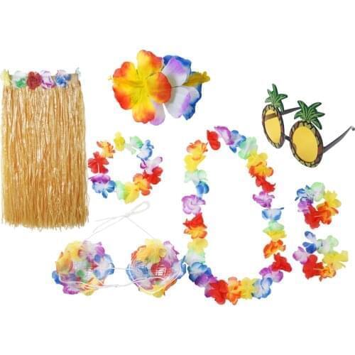 Adult Grass Skirt Set Hawaiian Party Costume Hawaiian Dance Skirt Floral Bikini Top Hawaiian Wreath Hibiscus Hairpin Sunglasses