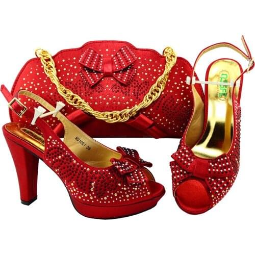 Nice Shoes and Bag Set African Sets red Color Italian Shoe Bag Set Decorated with Rhinestone High Quality