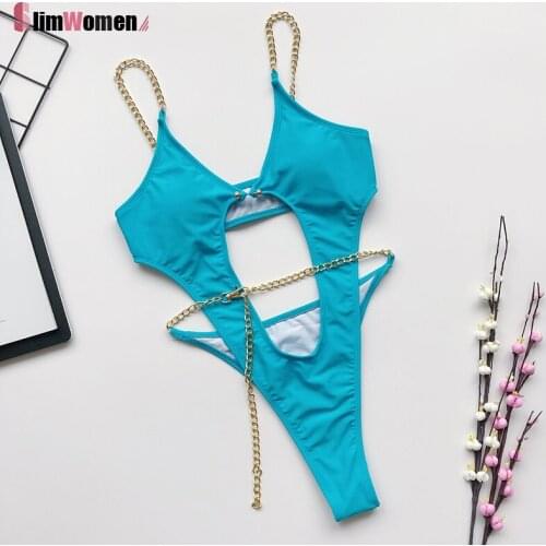Summer Cut Out Bikini Bodysuit with Metal Chain Sexy Skinny Body Mujer Beach Wear Rompers Women Bodysuits Swimwear Bathing Suit