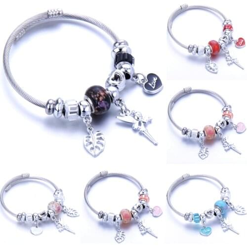 Fashion Crystal Charms Bracelets Bangles Stainless Steel Flower Fairy Fishbone Pendant Adjustable Bracelet Jewelry for Women