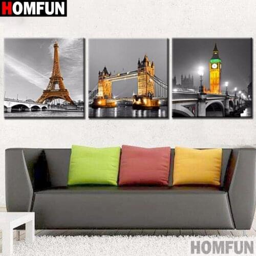HOMFUN 3pcs Full Square/Round Drill 5D DIY Diamond Painting "Paris scenery" Multi-picture Combination Embroidery 5D Decor A27518