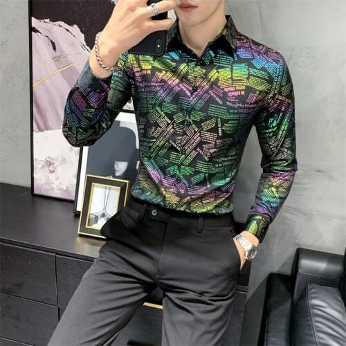 2020 Autumn Letter Printed Shirt Men Korean Slim Long-sleeved Shirt Streetwear Social Night Club Shirt Camisas Para Hombre
