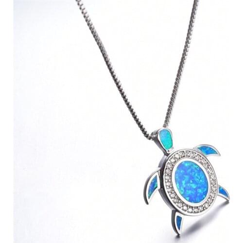 Female Vintage Sea Tortoise Silver Color Chain Necklace Blue Oval Opal Cute Turtle Pendant Necklaces For Women Wedding Jewelry