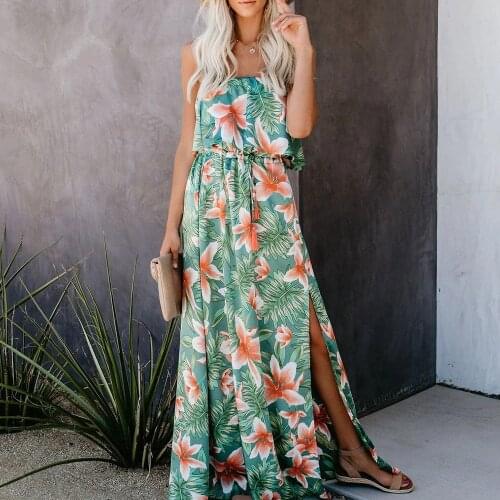 Hirigin Summer Print Floral Summer Dress Women Off Shoulder Side Split Beach Maxi Long Dresses Backless Female Holiday Vestidos