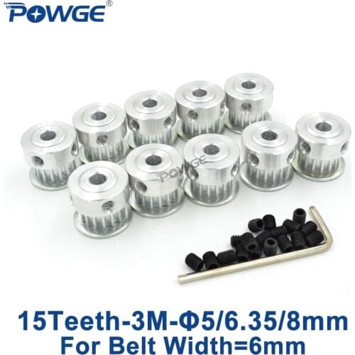 POWGE 10pcs 15 Teeth HTD 3M Timing Pulley Bore 5mm 6.35mm 8mm for Width 6mm 3M synchronous belt HTD3M Belt pulley 15Teeth 15T