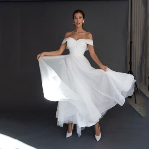 Simple A-Line Ankle Length Wedding Dress Off The Shoulder Sweetheart Pleats Tulle Bridal Gown Elegant Short Custom Made For Lady
