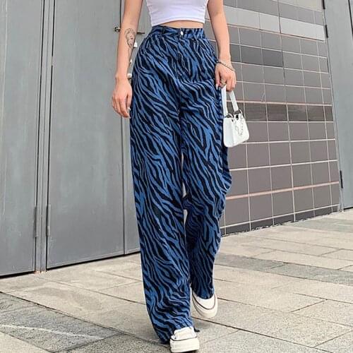 Blue Zebra Stripe Baggy Jeans Woman High Waist Y2k Denim Trousers Korean Wide Leg Pants Streetwear Casual Korean Jeans Spring