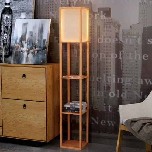 Modern LED Decorative Wooden Loft Floor Lamp Black White Standing Lamp with Table Storage Shelf for Home Living Room Bedrooms