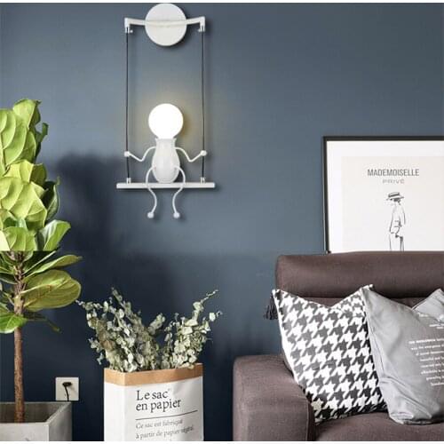 LED Wall Sconces Creative Cartoon Swing Double Little People Wall Light E27 Modern Cartoon Robot Wall Lamp For Kid' Bedroom