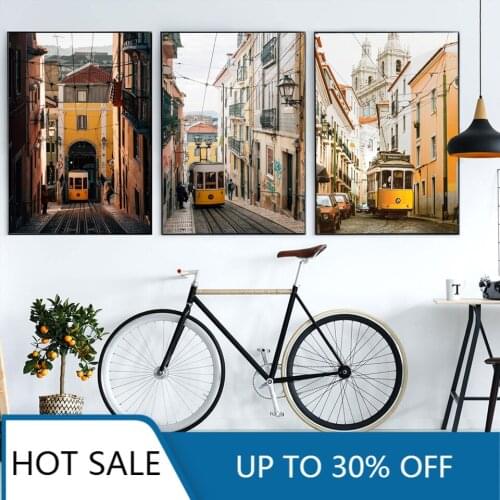 Portugal Style Vintage City Wall Art Canvas Painting Posters Prints Modern Building Photo Tram on Street Aesthetic Home Decorati
