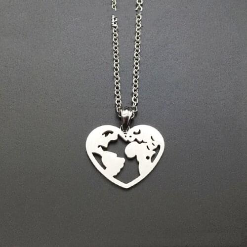 Vintage Silver color World Map Necklace Women Geometric Necklace heart love Stainless steel Necklaces & Pendants Choker Jewelry