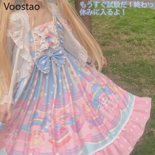 Japanese Sweet Lolita Jsk Dress Women Victorian Vintage Dessert Doll House Print Girls Sleeveless Lace Bow Princess Party Dress