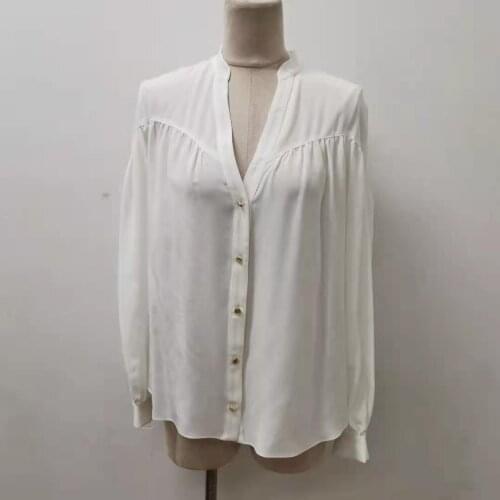 Women V Neck Blouse White Long Sleeve Casual Loose Shirts Top With Button