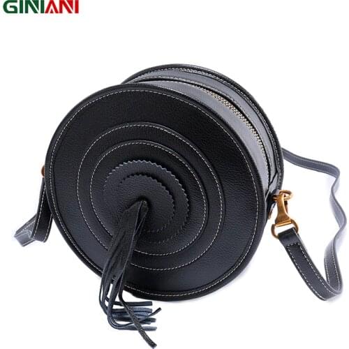 GINIANI Guaranteed 100% Genuine Leather Womens Retro Drum Shoulder Bag Ladies Tassel Shooting Target Round Small Crossbody Bags