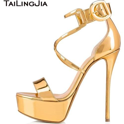 Open Toe Supper High Heel Gold Platform Sandals Womens Summer Patent Leather Black Heels Nude Platforms Ladies Party Shoes 2019