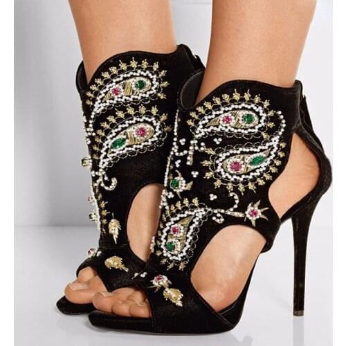 2018 Rhinestone Pearl Beads Sewed Eye Embroidery Sandals Peep toe Woman Stiletto High Heels Summer Crystal Party Sandalia Shoes