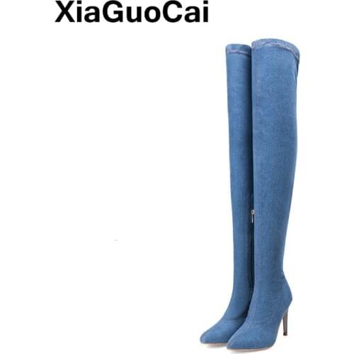 2019 Spring Autumn Woman Long Boots Blue Denim Over-the-Knee Boots Big Size Point Toe Thin High Heels Shoes Sexy Ladies Footwear